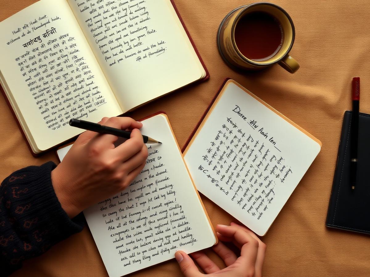 Handwritten manuscript pages arranged on a desk